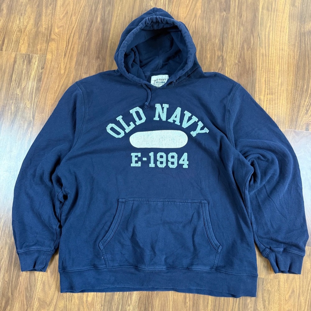 Y2K Old Navy Men XXL Navy Blue Graphic Pullover Hoodie Sweatshirt E-1994 Vintage